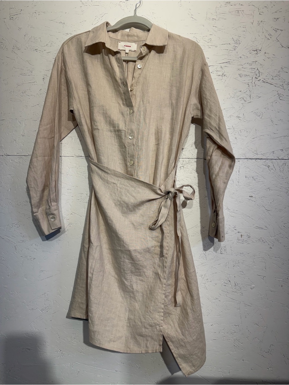 XiRENA Beige Linen Wrap Shirt Dress